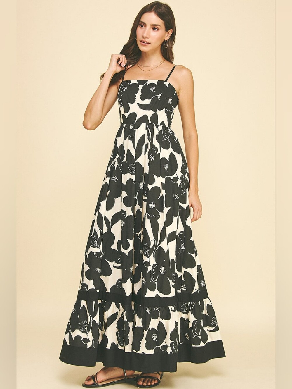 NWT Floral Tiered Black Maxi Dress S/M/L - Picture 3 of 5